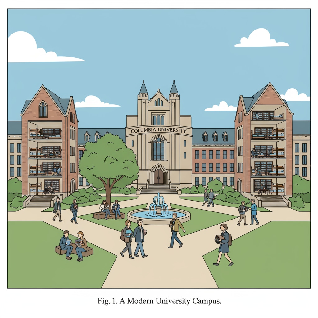 A beautiful campus view of a well-known university. There are students walking on the paths, some carrying books, and the campus buildings are in the background. Campus view of a renowned university with students walking around