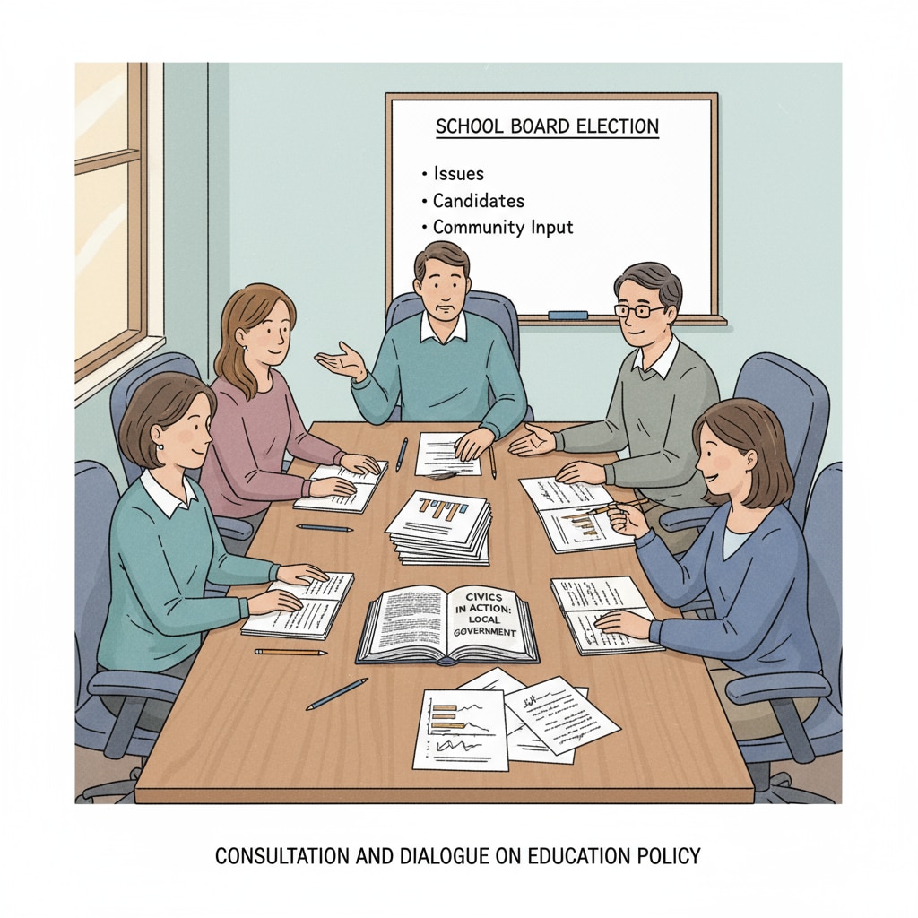A group of people are sitting around a table, having a calm discussion about school board election matters, with papers and pens in front of them, showing a civil and rational atmosphere. People discussing school board election matters in a civil way, related to school boards, election violence, and political civility
