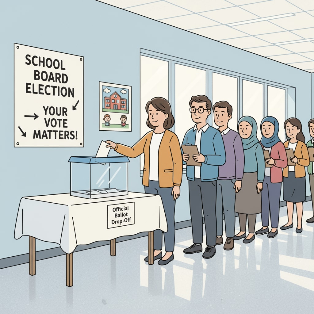 People are queuing up to cast their votes in a school board election, with a ballot box placed in a simple and clean room, representing the democratic process of school board elections. People voting in a school board election, relevant to school boards, election violence, and political civility