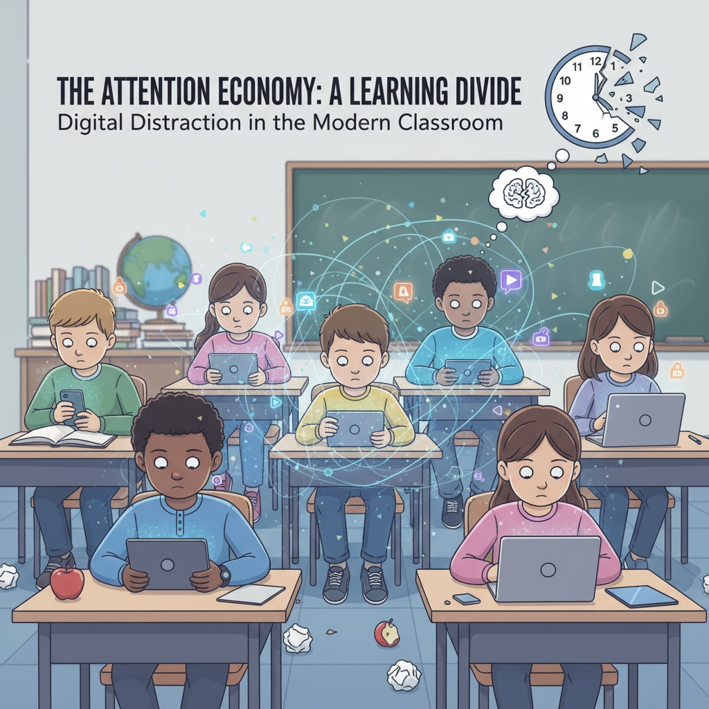 A group of K12 students looking at digital devices, representing the influence of the attention economy on their learning K12 students being influenced by the attention economy through digital devices