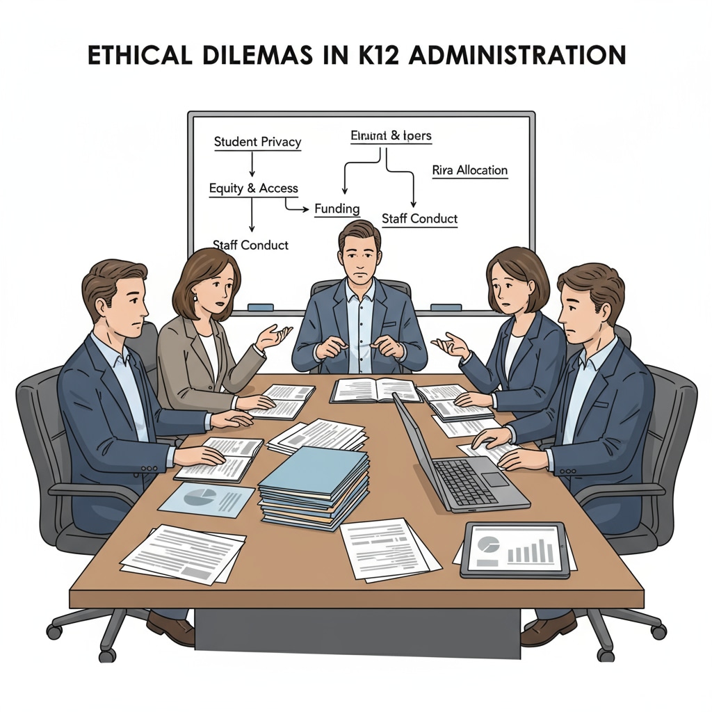 A group of K12 education administrators are sitting around a table, engaged in a serious discussion about ethical issues. Papers and folders are spread out on the table, indicating the complexity of the topics being considered. K12 education administrators discussing ethical dilemmas in educational management