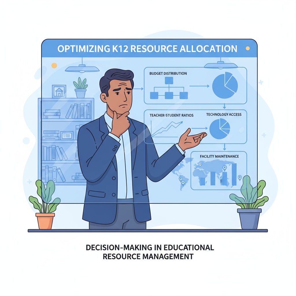 A K12 education administrator is standing in front of a large screen showing data related to resource allocation in schools. The administrator is looking intently at the screen, with a thoughtful expression, as they try to make decisions. K12 education administrator analyzing resource allocation data for ethical leadership decisions