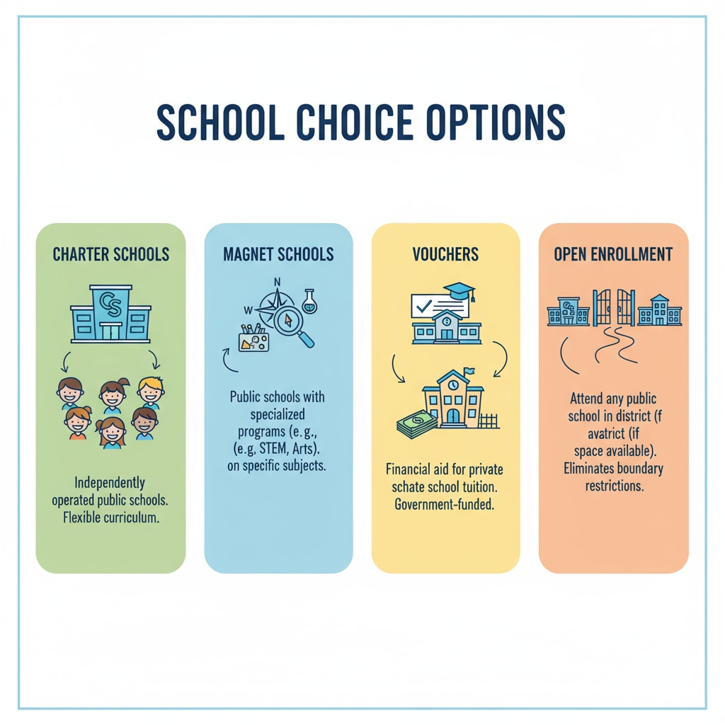 An illustration that shows different types of school choice options such as charter schools, magnet schools, vouchers, and open enrollment. Illustration of various school choice options related to school choice, political controversy, and education policy
