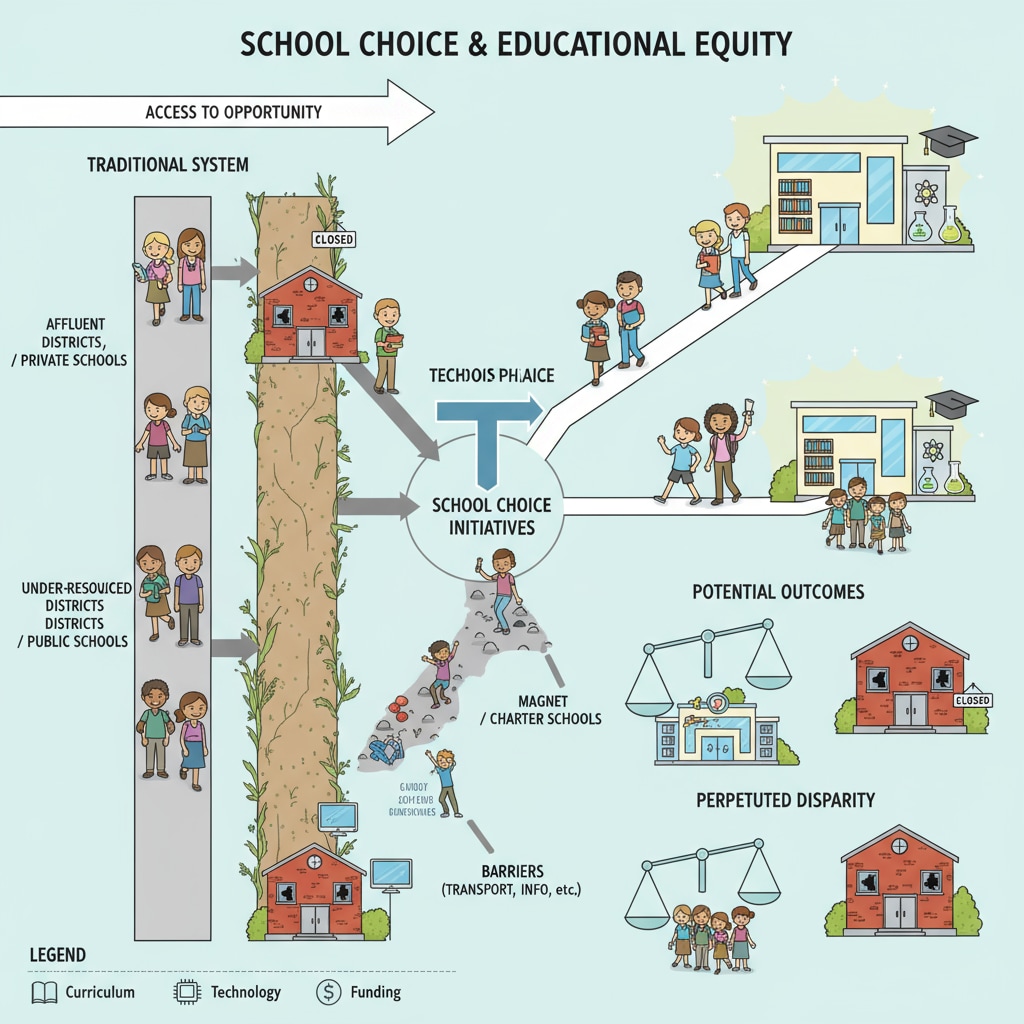 A graph that visually represents how school choice can impact educational equity, showing differences in educational opportunities for different groups of students. Graph depicting the impact of school choice on educational equity in the context of school choice, political controversy, and education policy
