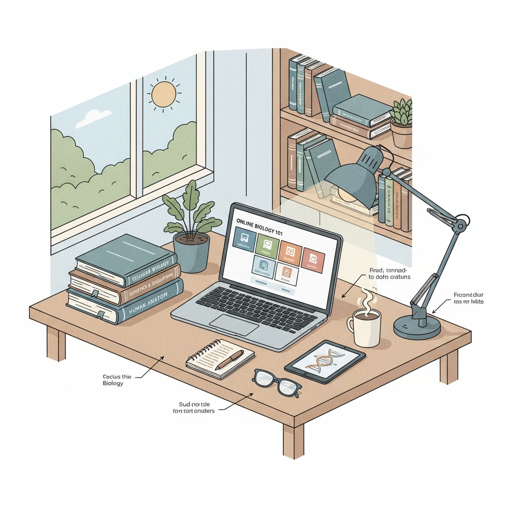 A physics teacher is sitting at a desk with a computer and various textbooks. There are digital learning materials on the screen, indicating online study. A physics teacher studying online for postgraduate education