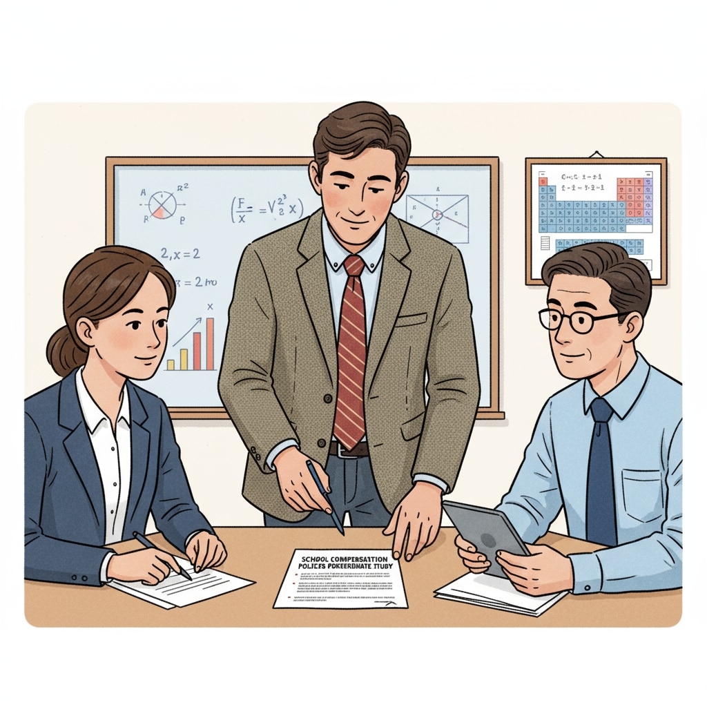 A physics teacher is having a discussion with school administrators. They are looking at documents related to a school compensation policy for postgraduate study. A physics teacher discussing postgraduate study under school compensation policy
