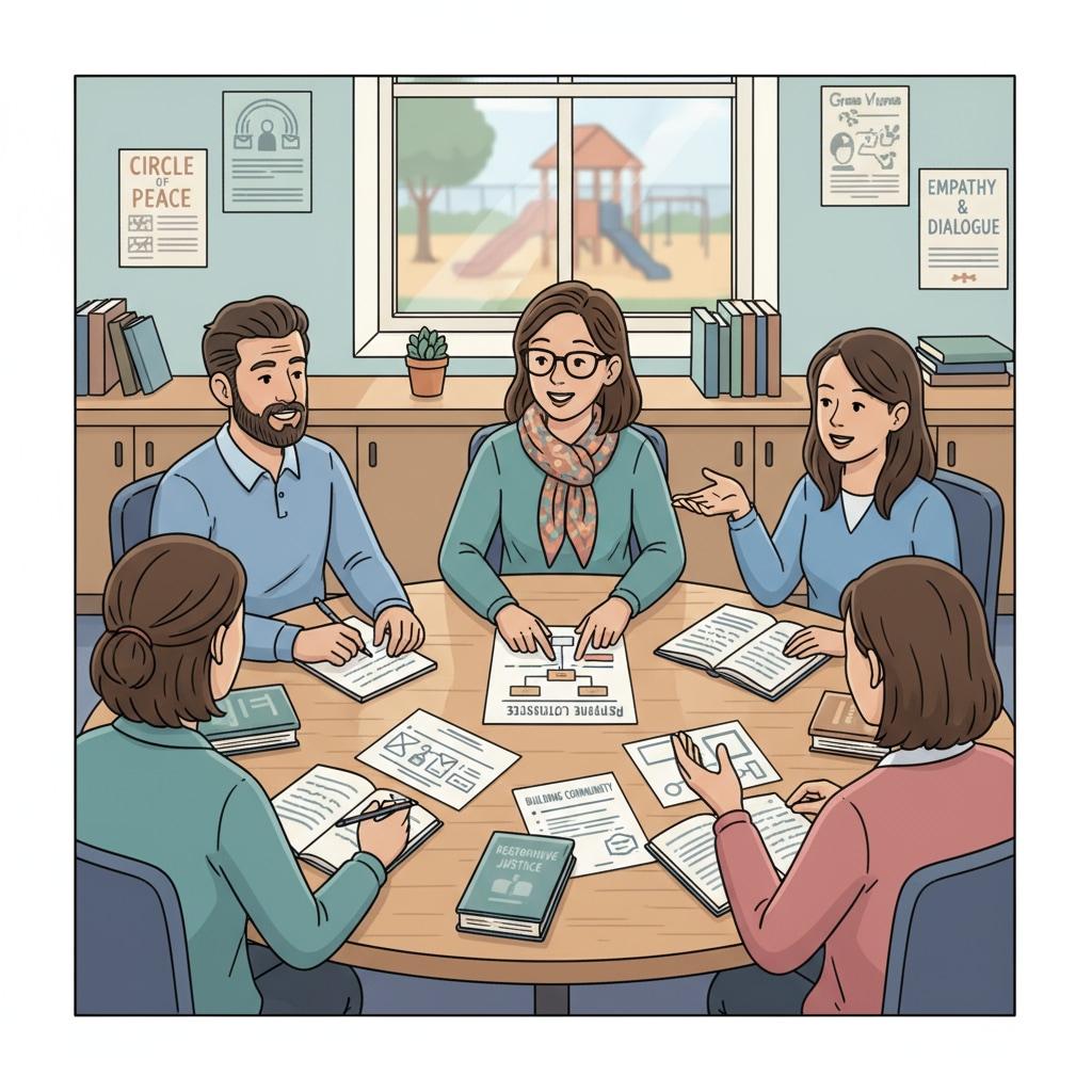 Educators in a Title 1 school are gathered around a table, discussing different strategies related to restorative justice. There are papers and books about restorative justice on the table. Educators in a Title 1 school discussing restorative justice strategies