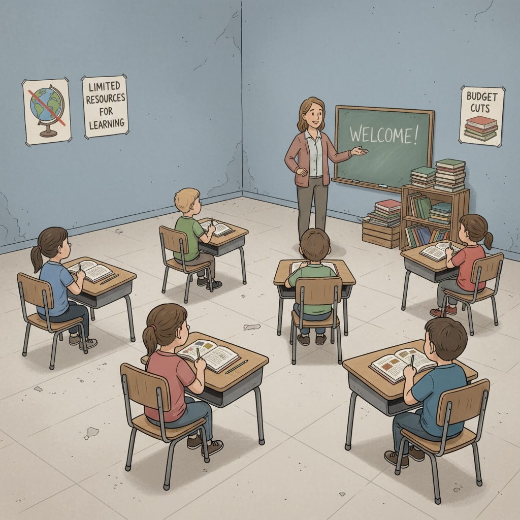 A classroom in a Title 1 school with a limited number of desks and chairs. The walls have few educational posters, indicating resource limitations. Students are sitting at their desks, and the teacher is standing in front. A Title 1 school classroom with students and a teacher, highlighting resource limitations
