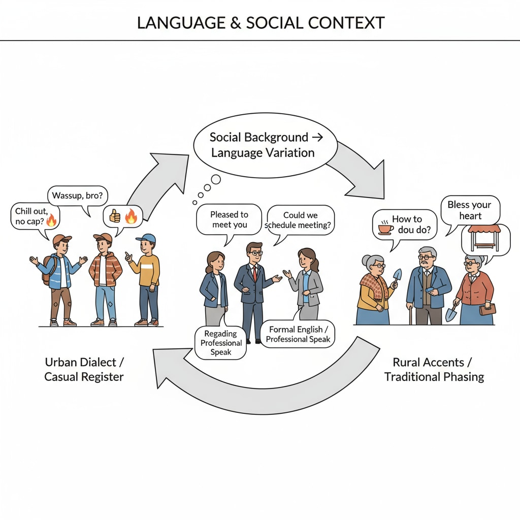 A diverse group of people are shown chatting, with different language styles evident. This represents how social background influences language use. A visual representation of the connection between language and social background in novel writing