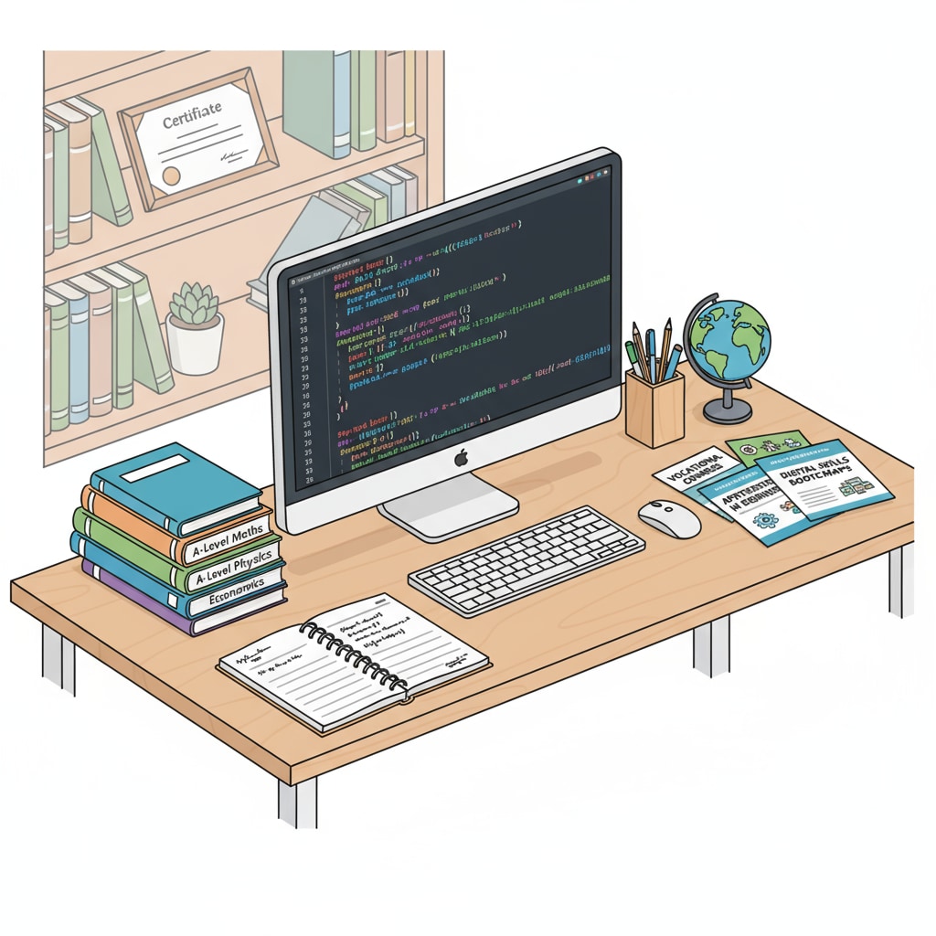 A student contemplating education choices between A-level, computer science, and vocational paths