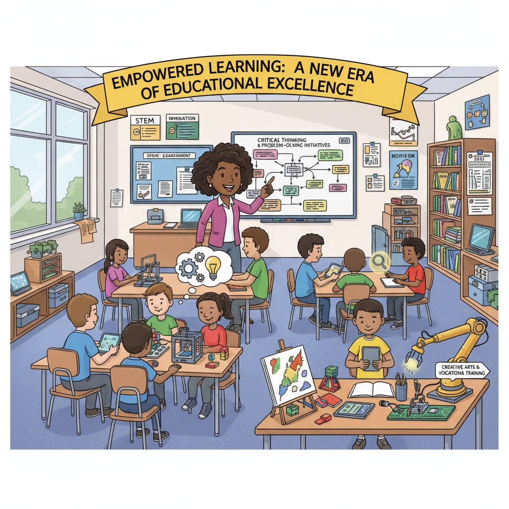 A classroom scene with students engaged in learning activities, symbolizing the impact of Trump's education reform on the learning environment. Classroom scene depicting the impact of Trump administration, education reform, and the Department of Education initiatives.