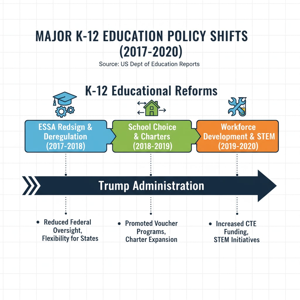 A graphical representation of the changes in educational policies during the Trump administration, highlighting the key reforms in K12 education. Graph showing the impact of Trump administration's education reform, including school choice and testing changes, by the Department of Education.