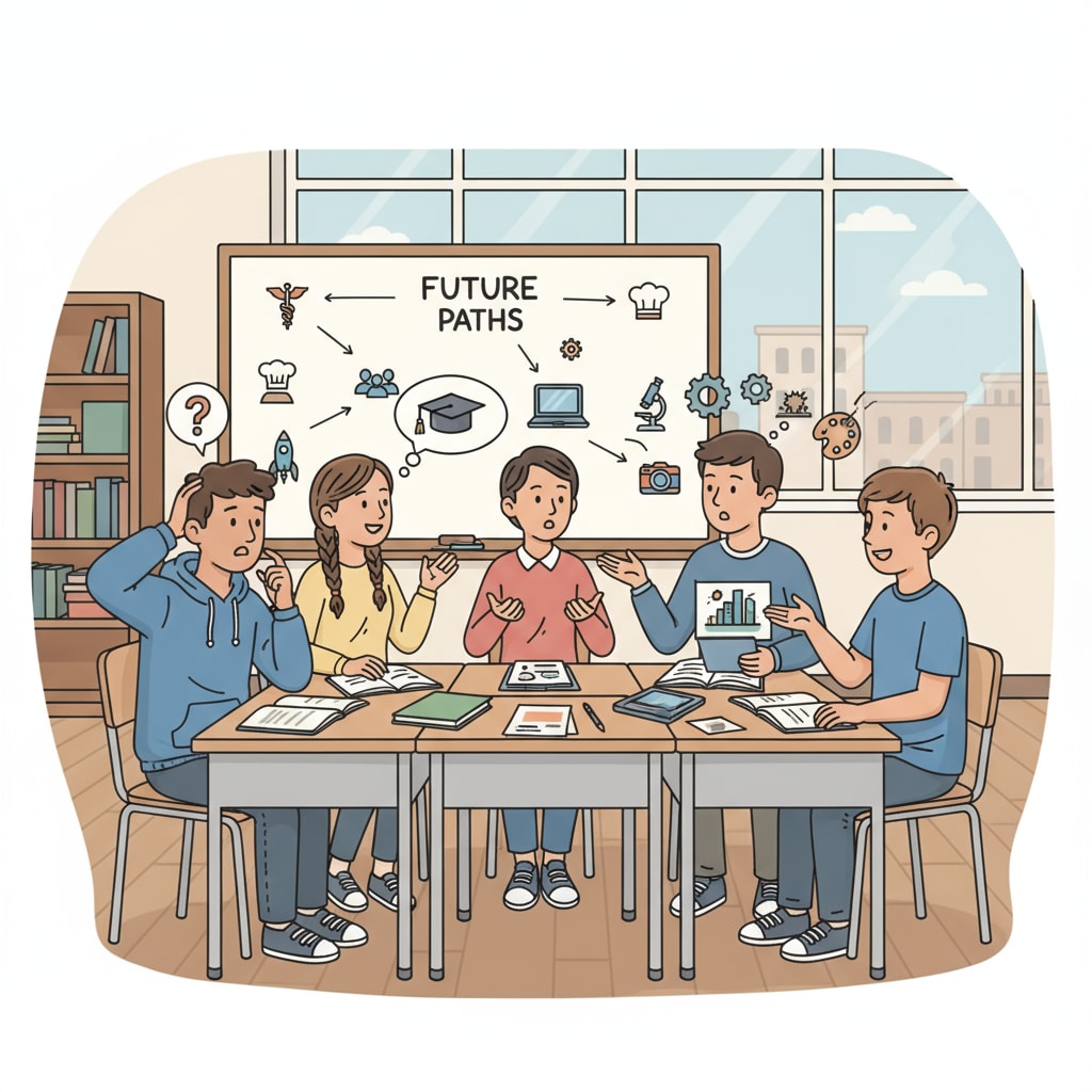 Students discussing career options amidst career planning, dream jobs, and employment concerns