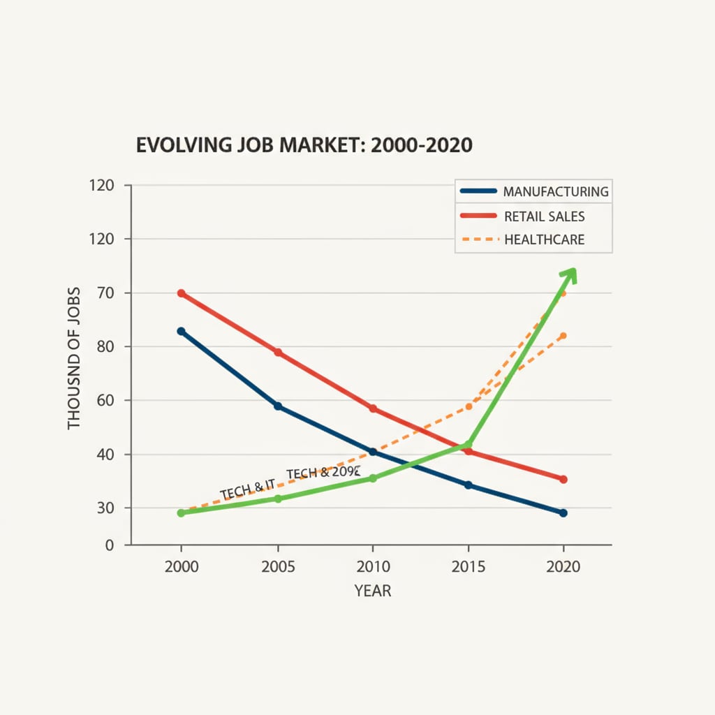 Graph showing job type trends relevant to career planning, dream jobs, and employment concerns
