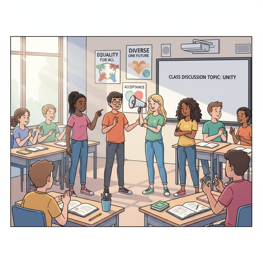 Students from diverse backgrounds engaged in a classroom discussion about topics related to LGBTQ+, First Amendment, and diversity education