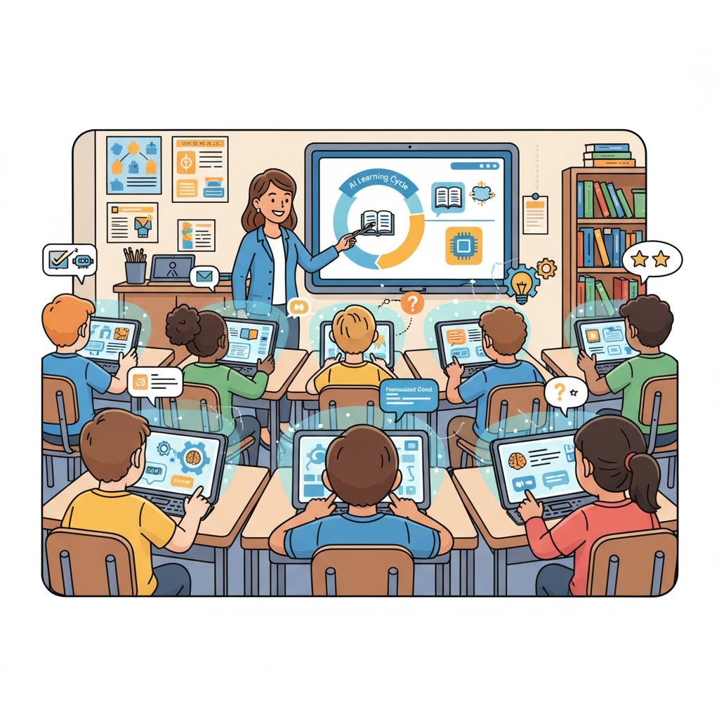 A classroom scene where students are using tablets with AI - based learning apps. Students using artificial intelligence as learning tools in a K12 classroom