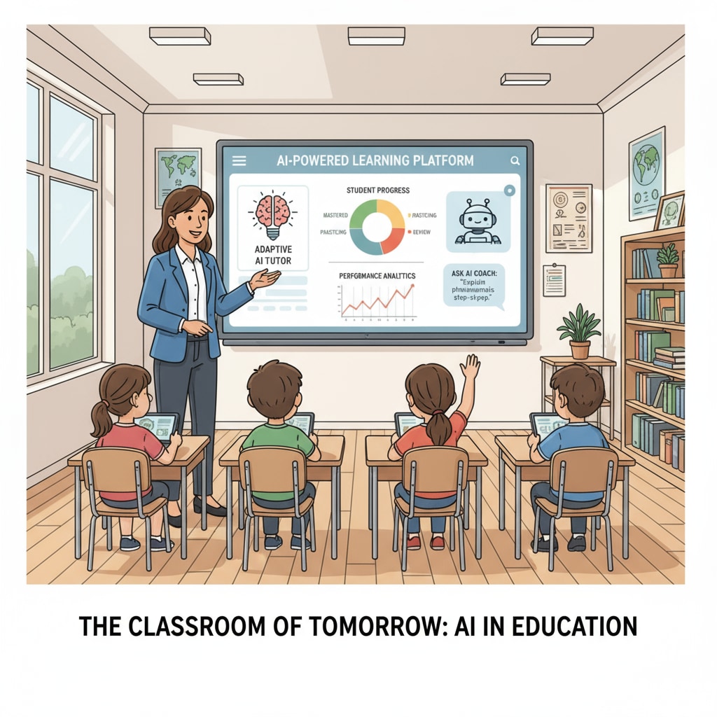 A teacher standing in front of a smart board, demonstrating an AI - powered teaching software. A teacher using artificial intelligence teaching tools in a K12 classroom