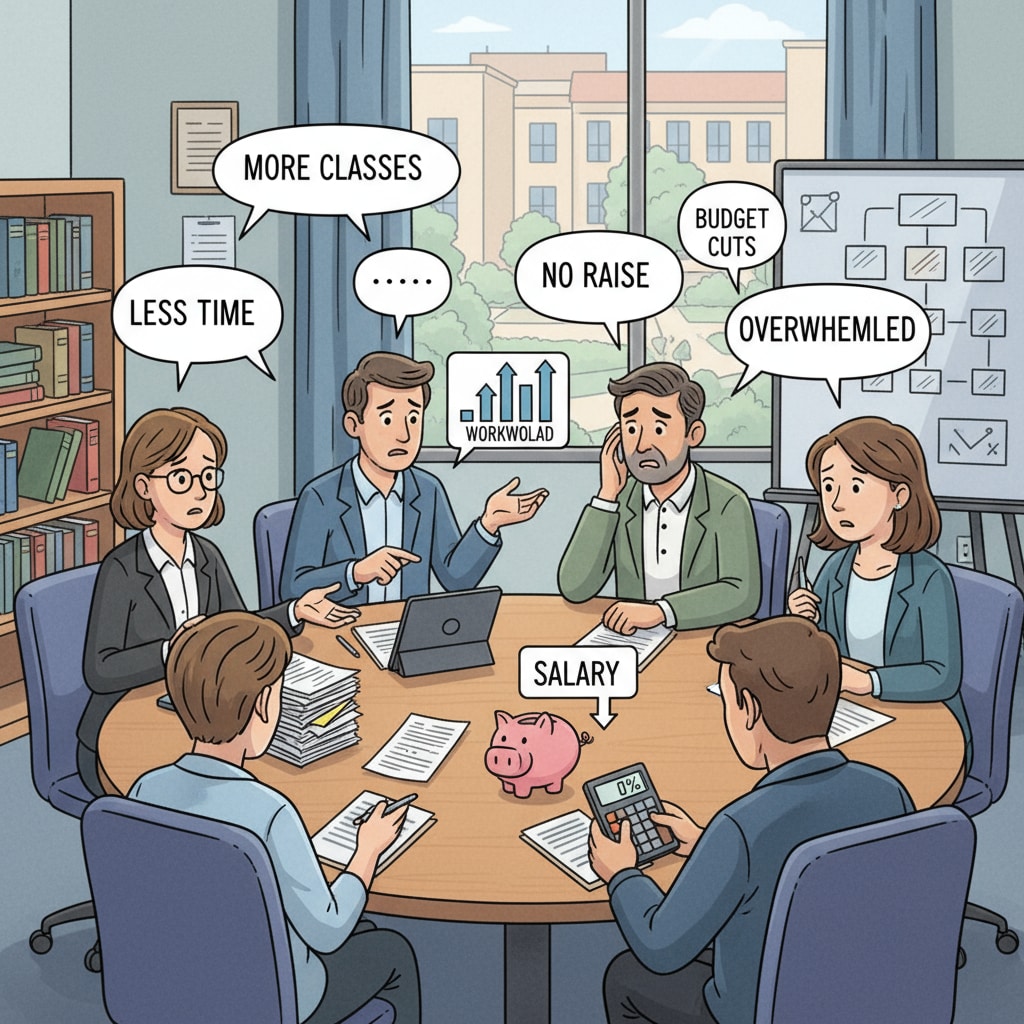 Educators in a higher education institution discussing their increased workloads and lack of salary adjustments