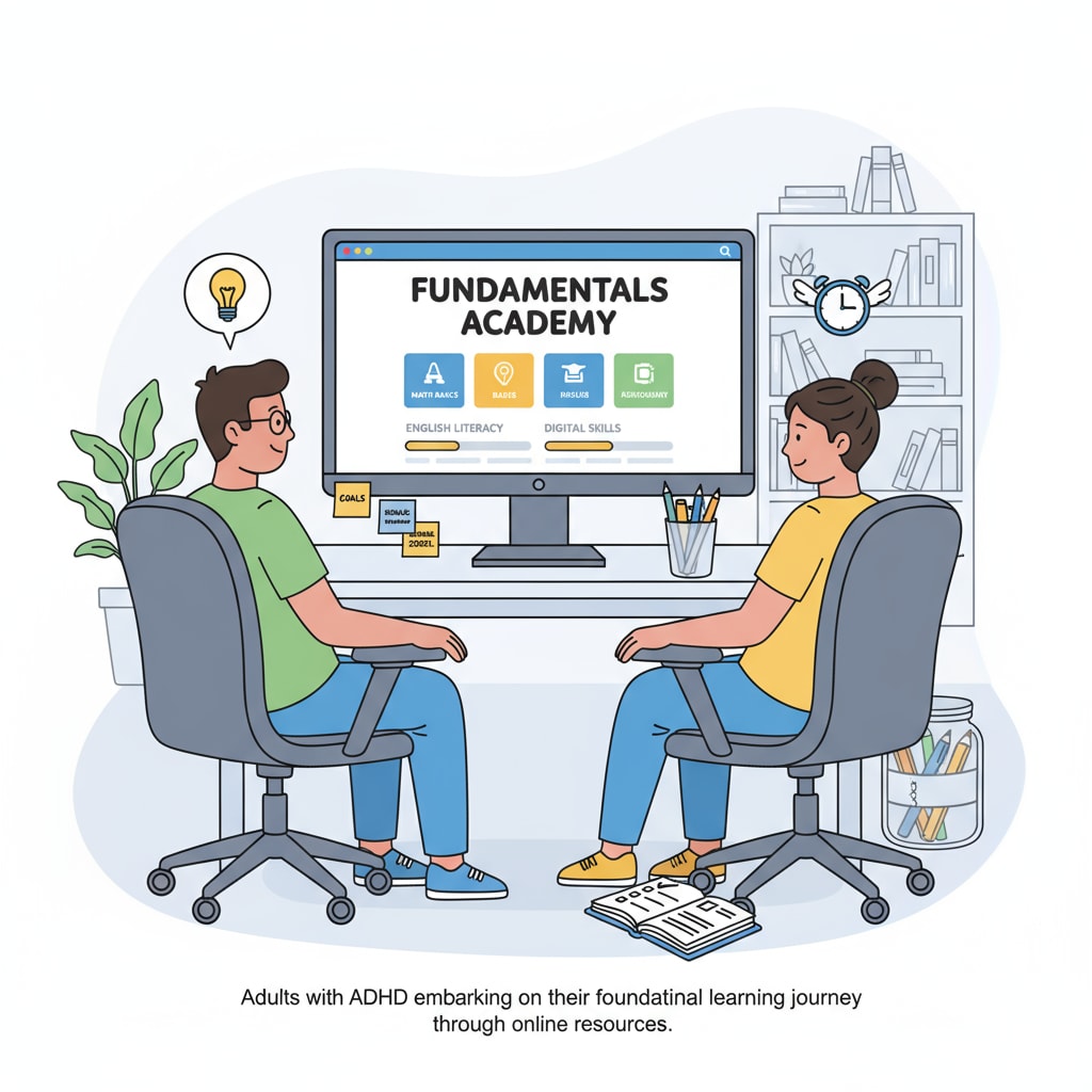An image showing ADHD adults sitting in front of a computer, looking at educational websites to start their basic education learning journey. ADHD adults using online learning resources to start rebuilding their basic education.