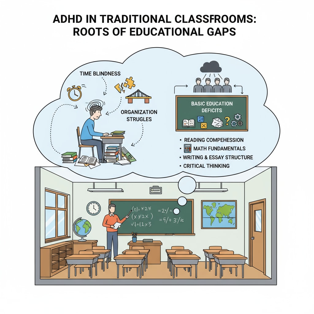 A graphic showing the challenges ADHD adults faced in traditional classrooms that led to basic education deficits. Challenges in traditional classrooms faced by ADHD adults causing basic education deficits.
