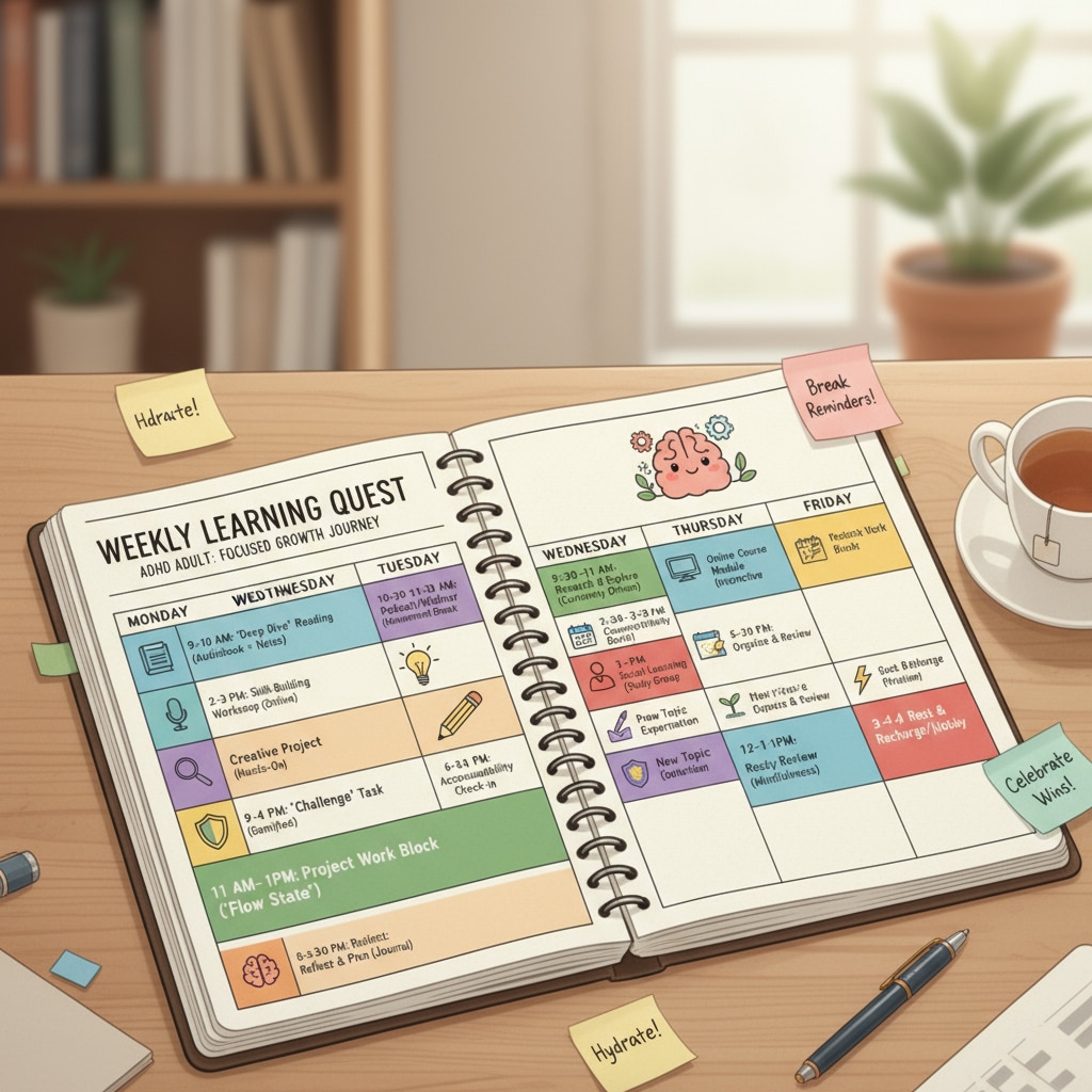 A planner with a schedule of learning sessions for an ADHD adult. A personalized learning schedule for an ADHD adult using online resources for basic education.