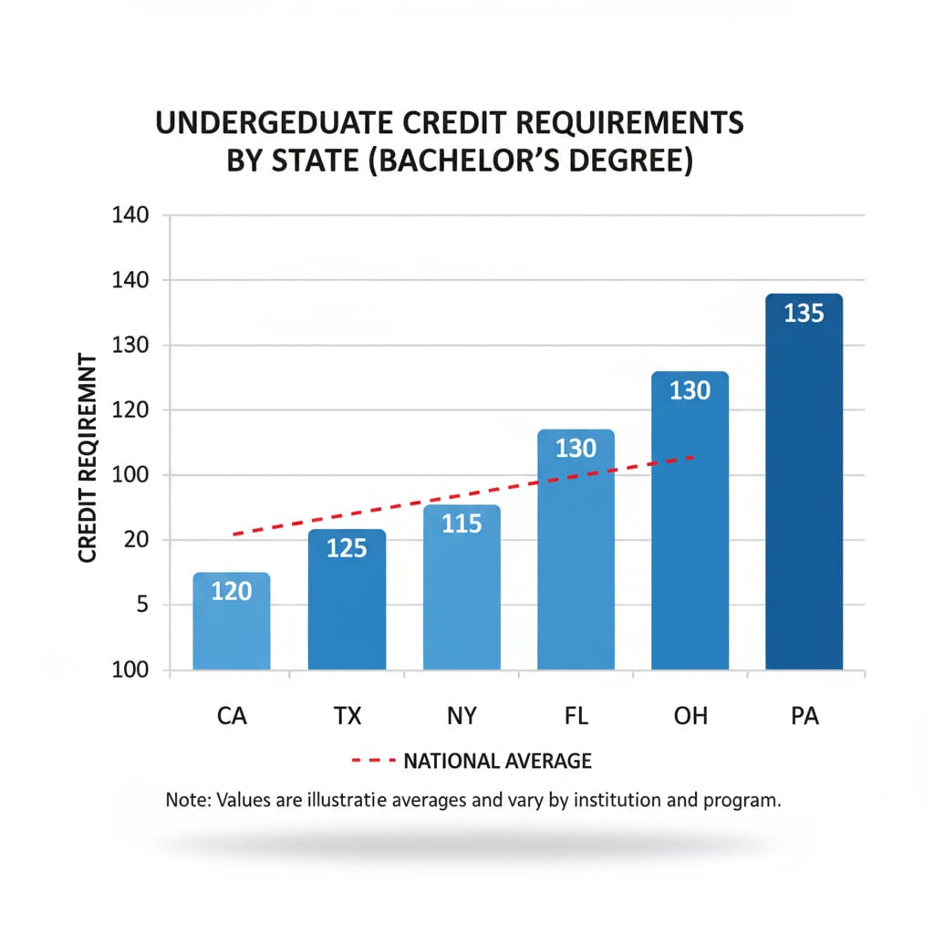 A bar graph comparing the number of credit requirements in different states, highlighting the variation. Graph showing state - wise differences in high school credit requirements for online high school diplomas
