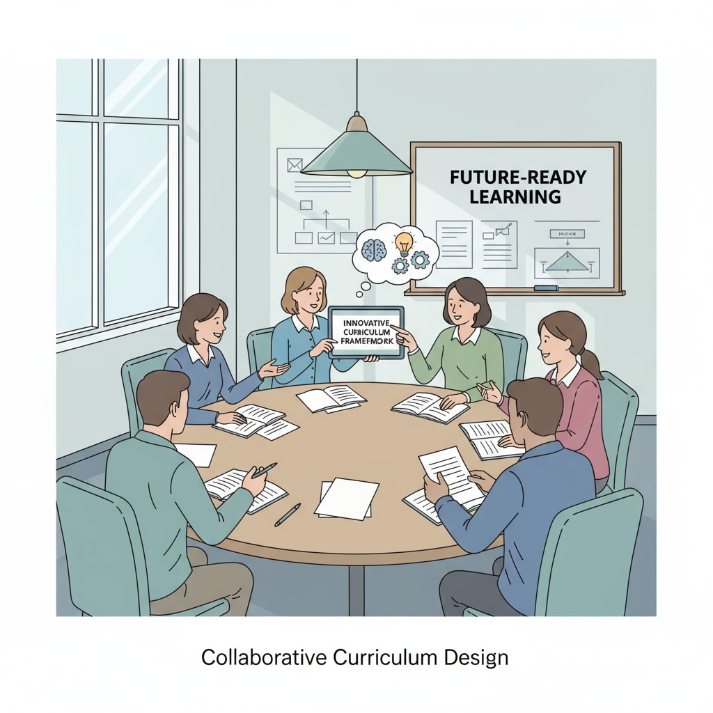 A group of teachers are sitting around a table, having a discussion about innovative curriculum design, with papers and pens in front of them. Teachers discussing innovative curriculum design related to teacher interviews, innovative courses, and student engagement