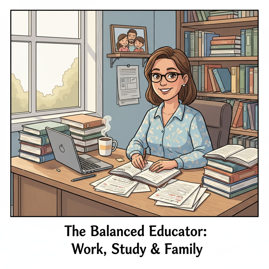 A K12 educator sitting at a desk, surrounded by books and papers, with a family photo in the background, representing the balance between work, study, and family. A K12 educator balancing full-time work, full-time study, and marriage.