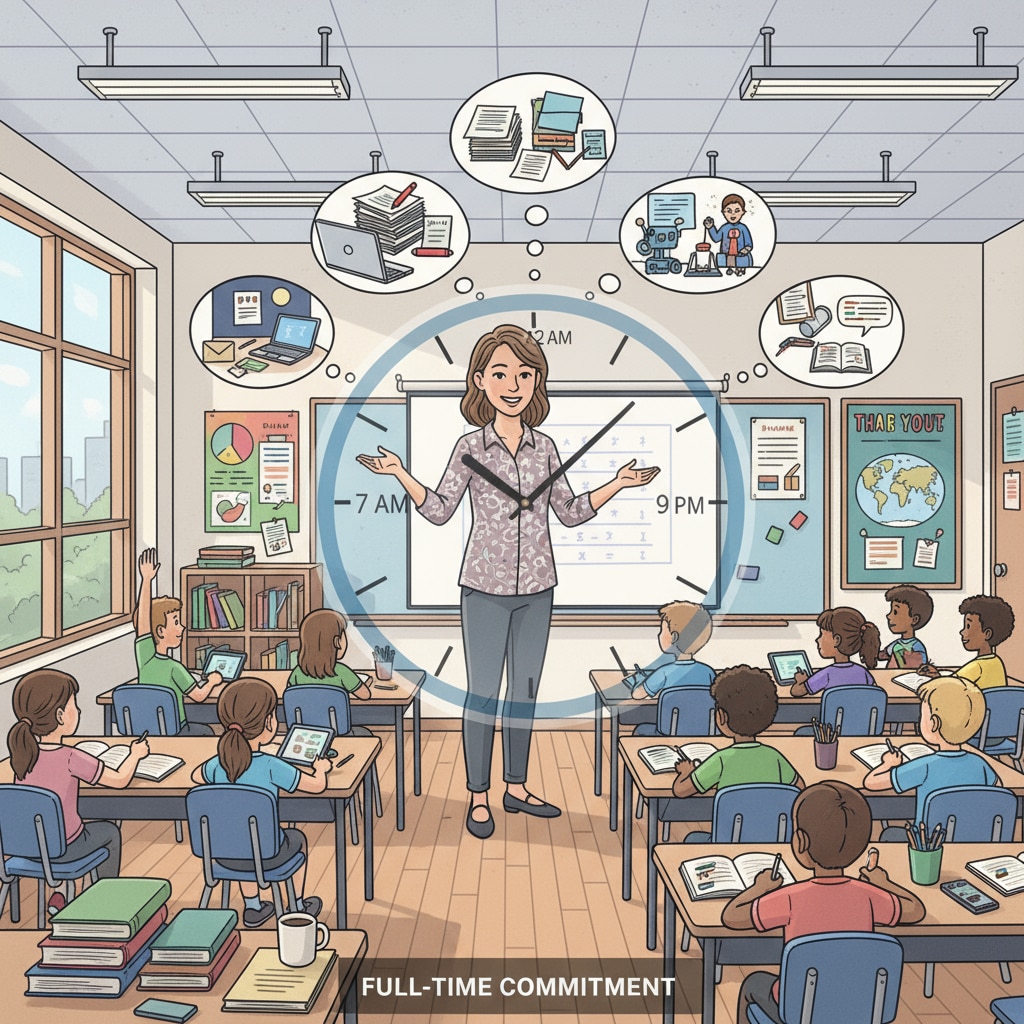 A K12 educator standing in front of a classroom, teaching students, highlighting the demands of a full-time teaching job. A K12 educator engaged in full-time work.
