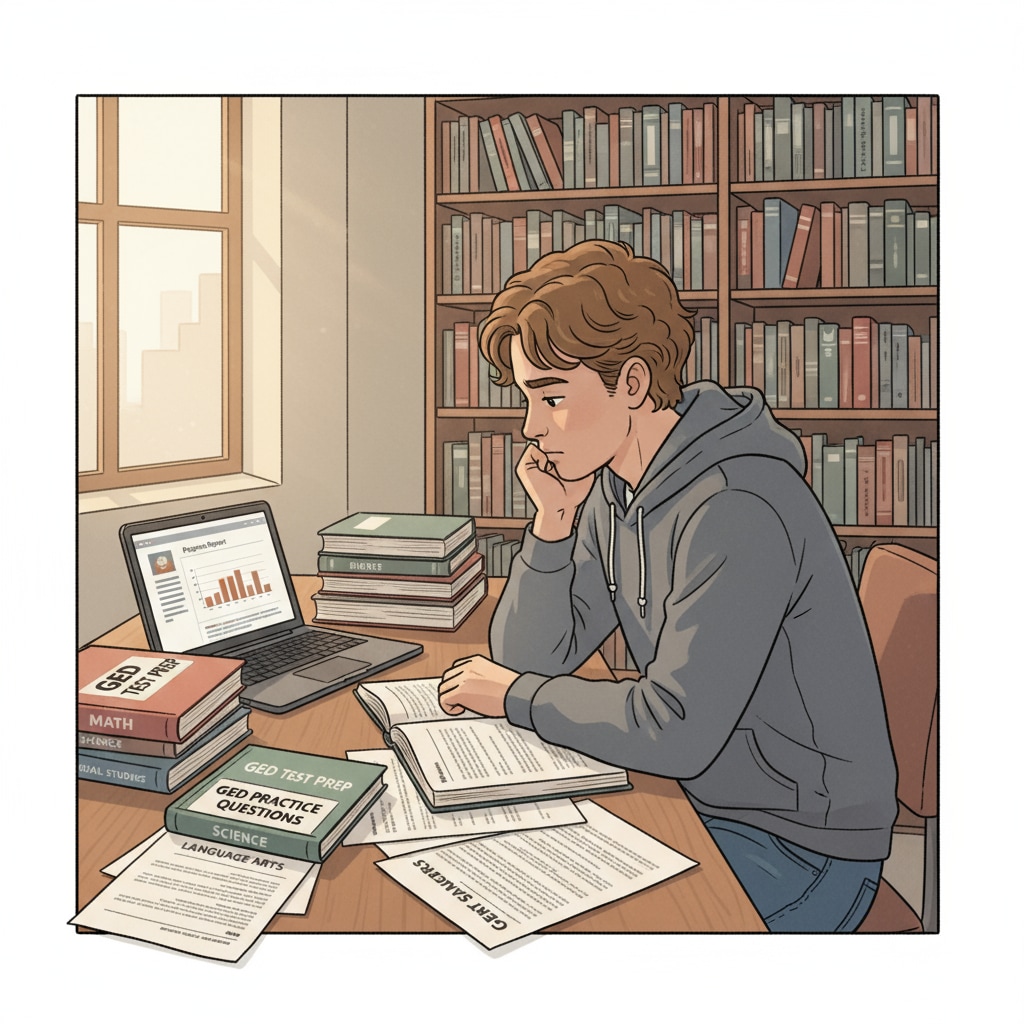 A young person is sitting at a desk in a library, surrounded by books and papers related to the GED test, concentrating on studying. Student studying for GED as part of educational choices after dropping out
