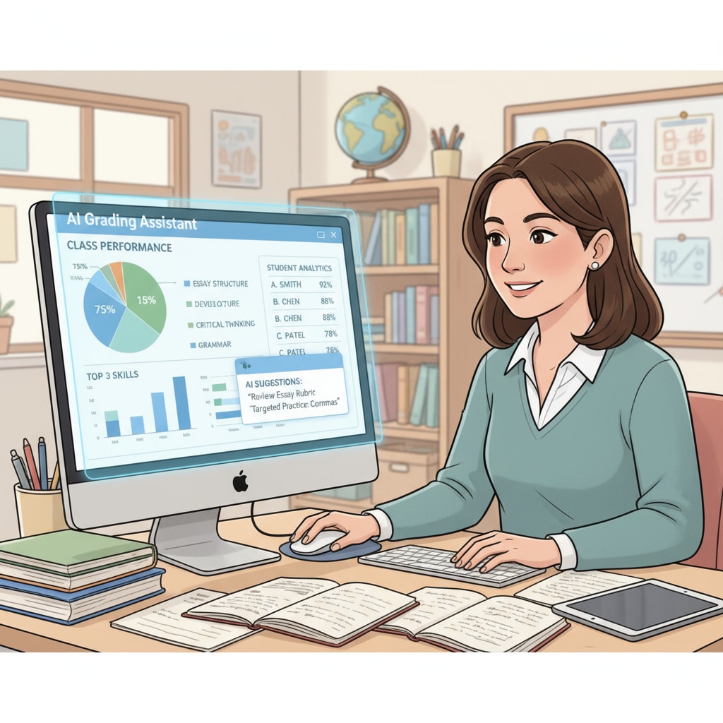 Teacher using AI tool for grading assignments relevant to AI policies, academic integrity, and skill value
