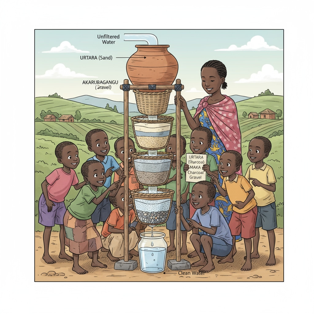 Rural Rwandan children exploring a water filtration project as part of STEM water resources education