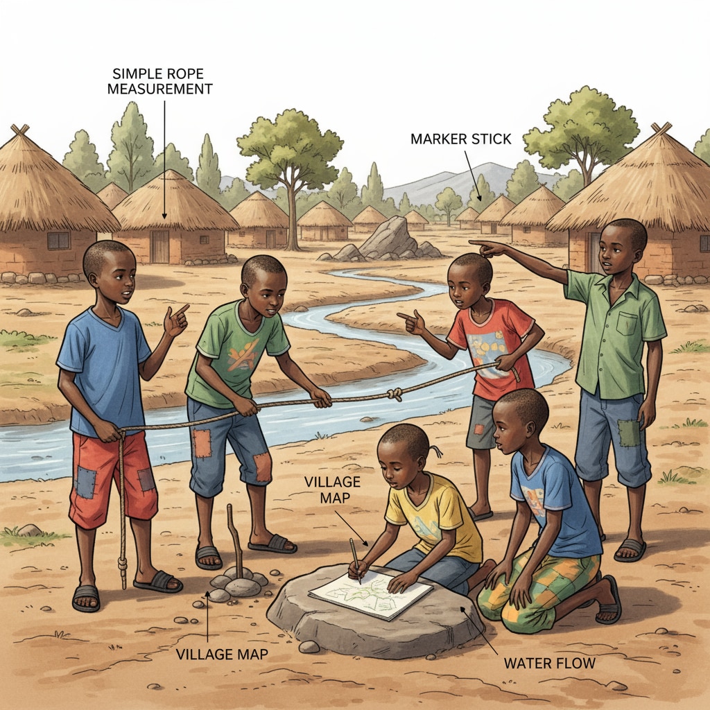 Rural Rwandan children engaged in mapping water sources for STEM water resources education