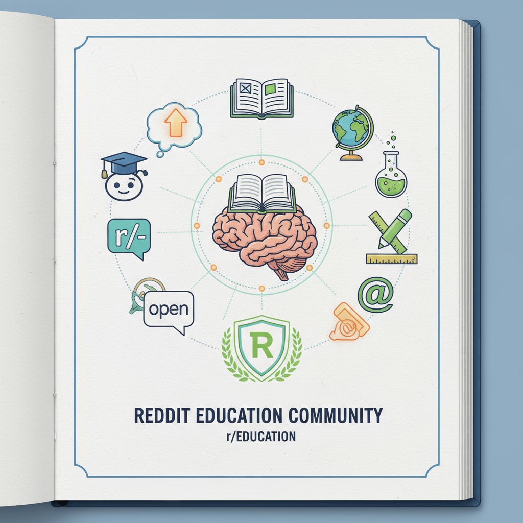 Illustration of educational and Reddit icons related to educational community rules, Reddit education network, and subreddit navigation