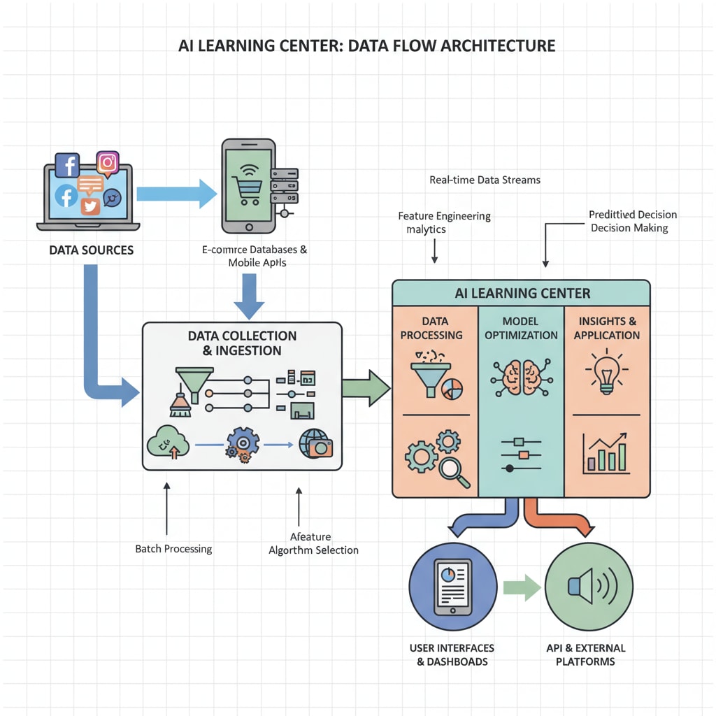 Diagram depicting data collection and processing in an AI learning center to boost teaching efficiency