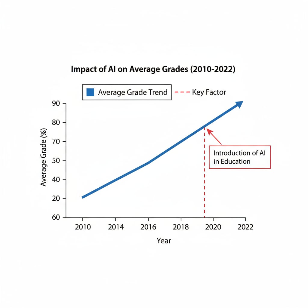 A graph showing the increase in grades over time due to AI use, highlighting the issue of grade inflation in the context of AI-assisted teaching and educational assessment.