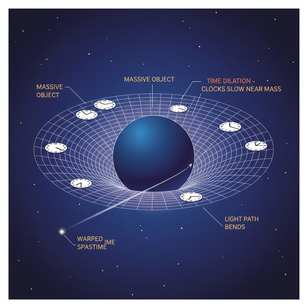 Illustration of how gravity warps time in space-time fabric