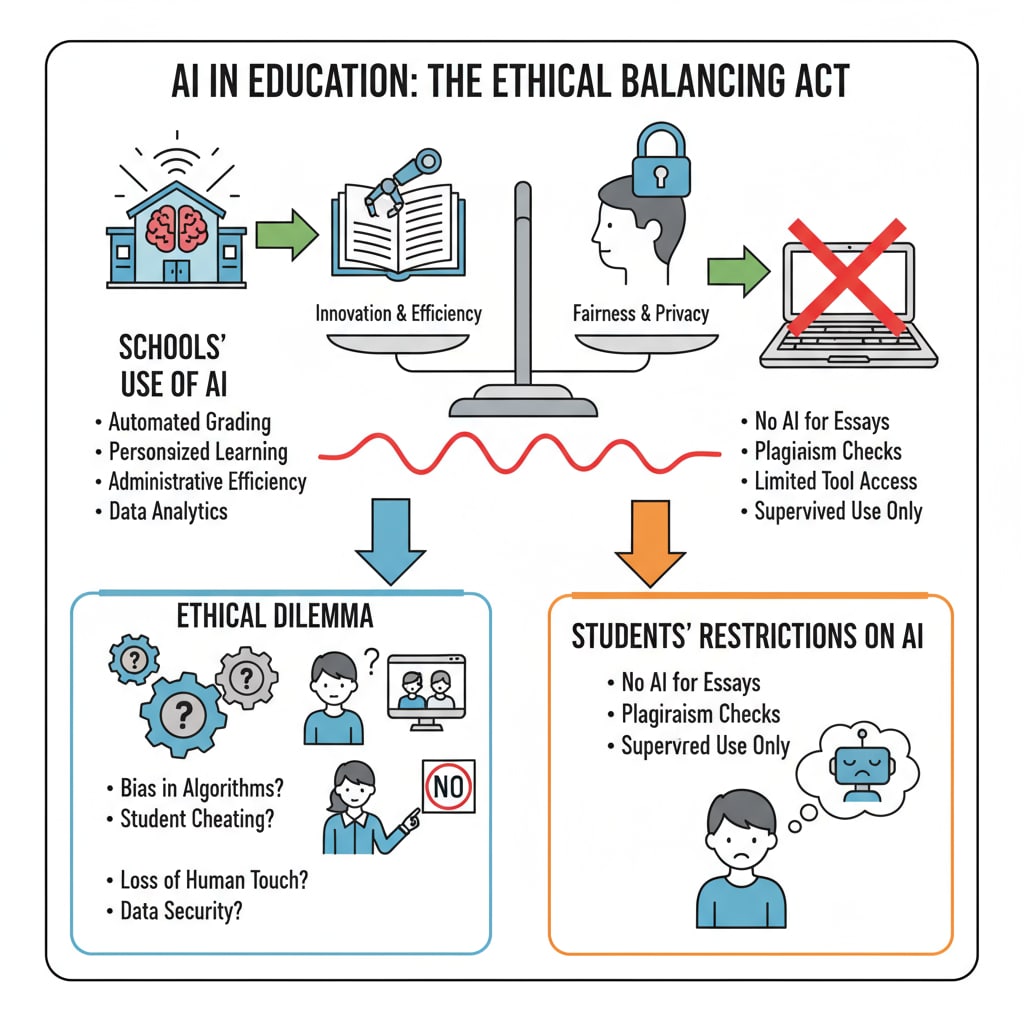 Visual of ethical conflict regarding high school use of AI and student restrictions