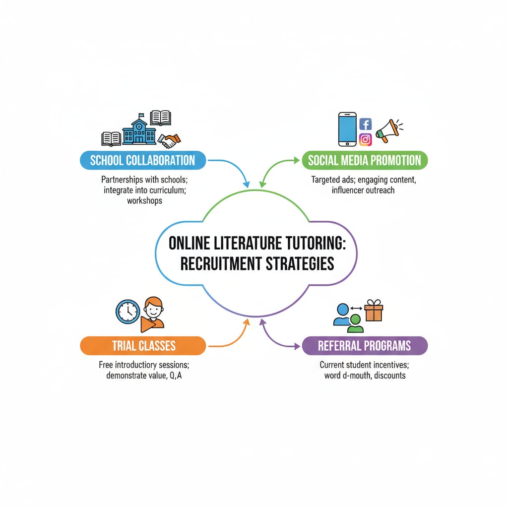 This graphic shows different recruitment strategies for online literature tutoring courses, including school collaboration, social media promotion, trial classes, and referral programs. Graphic representing recruitment strategies for online literature tutoring courses relevant to literature tutoring, academic papers, and online teaching