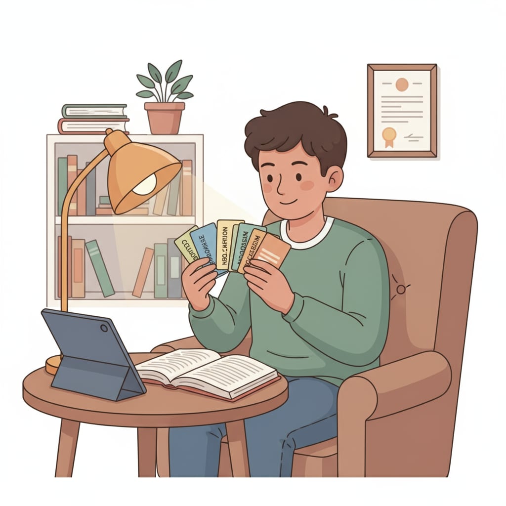 A K12 student utilizing flashcards as a study tool for effective exam preparation, part of their academic management and test-taking strategy.