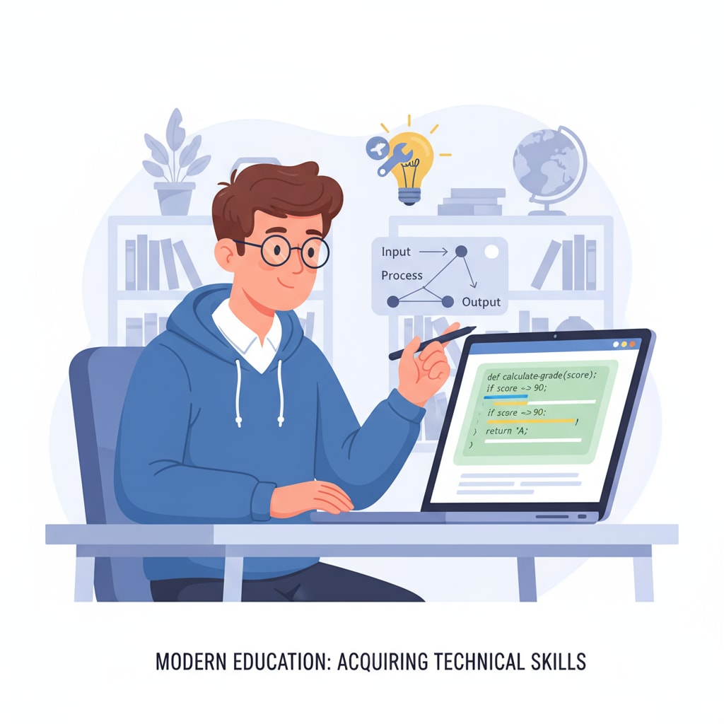 A student working on a coding project, with a computer screen showing lines of code, representing the importance of technical skills in the modern education landscape. Student coding to showcase technical skills relevant for scholarship applications