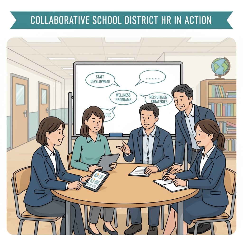 A group of educators and an HR professional are engaged in a discussion within a school environment, highlighting the collaborative nature of school district HR work. A collaborative scene between educators and an HR professional in a school related to School District HR Director career transition and responsibilities
