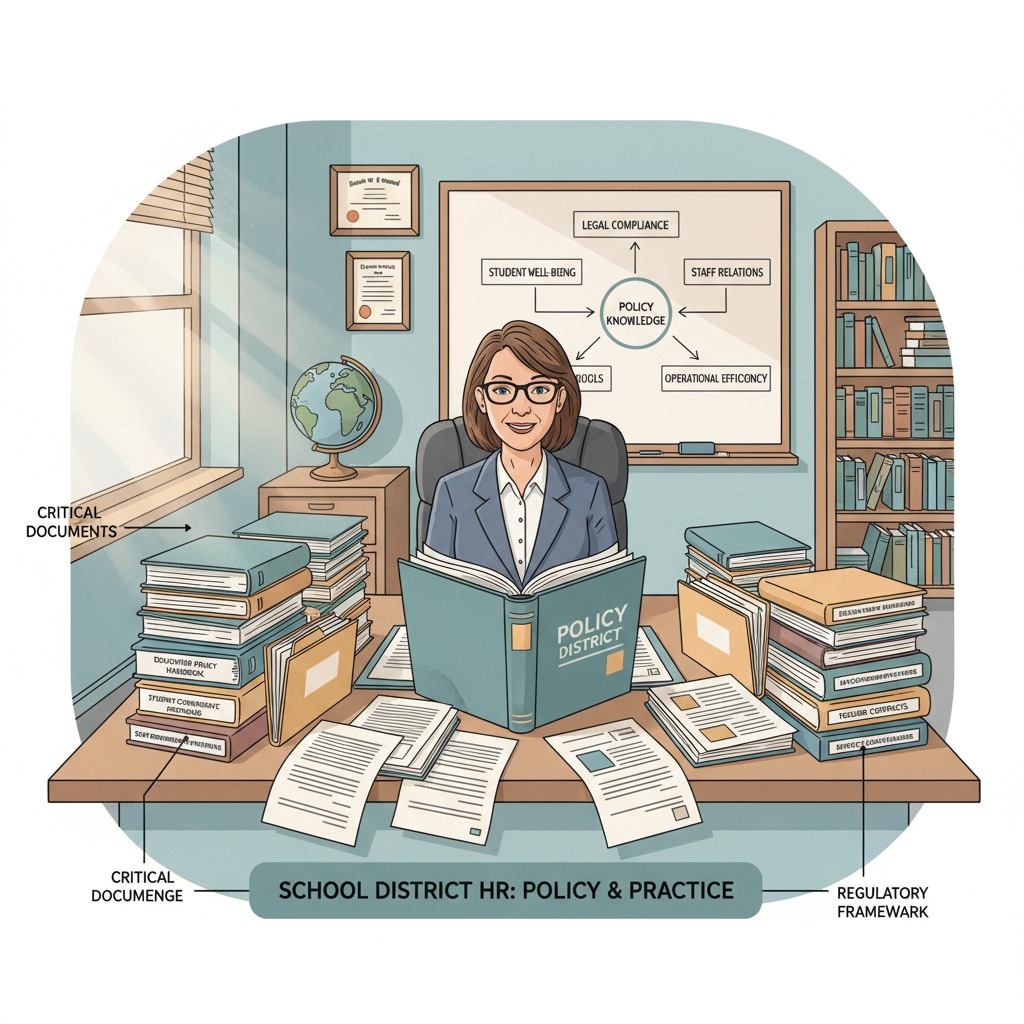 An HR director is seated in a school office, with various files related to educational policies surrounding them, emphasizing the importance of policy knowledge in school district HR work. An HR director in a school office surrounded by educational policy files relevant to School District HR Director job responsibilities