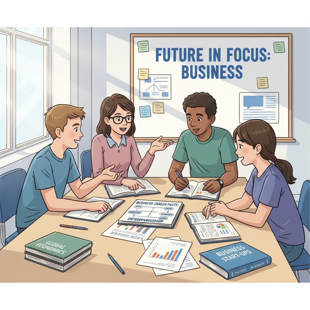 High school students discussing business career options related to business, higher education, and career planning