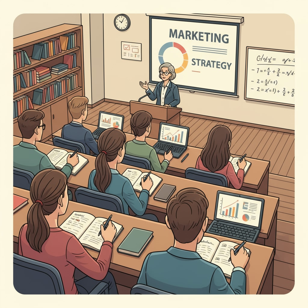 A group of students in a university business class relevant to business, higher education, and career planning