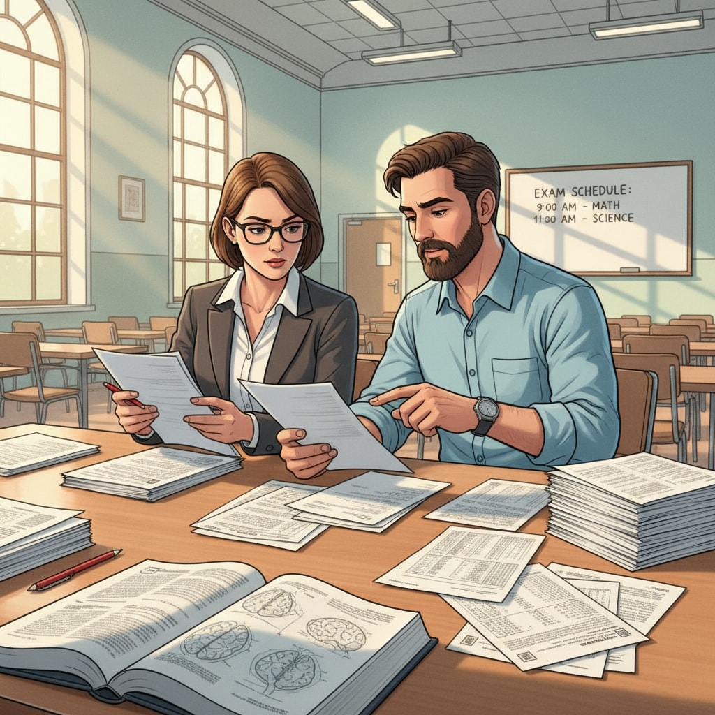 Two test invigilators are carefully going through a stack of test papers, checking for completeness and accuracy. Test invigilators carefully checking test papers after an exam