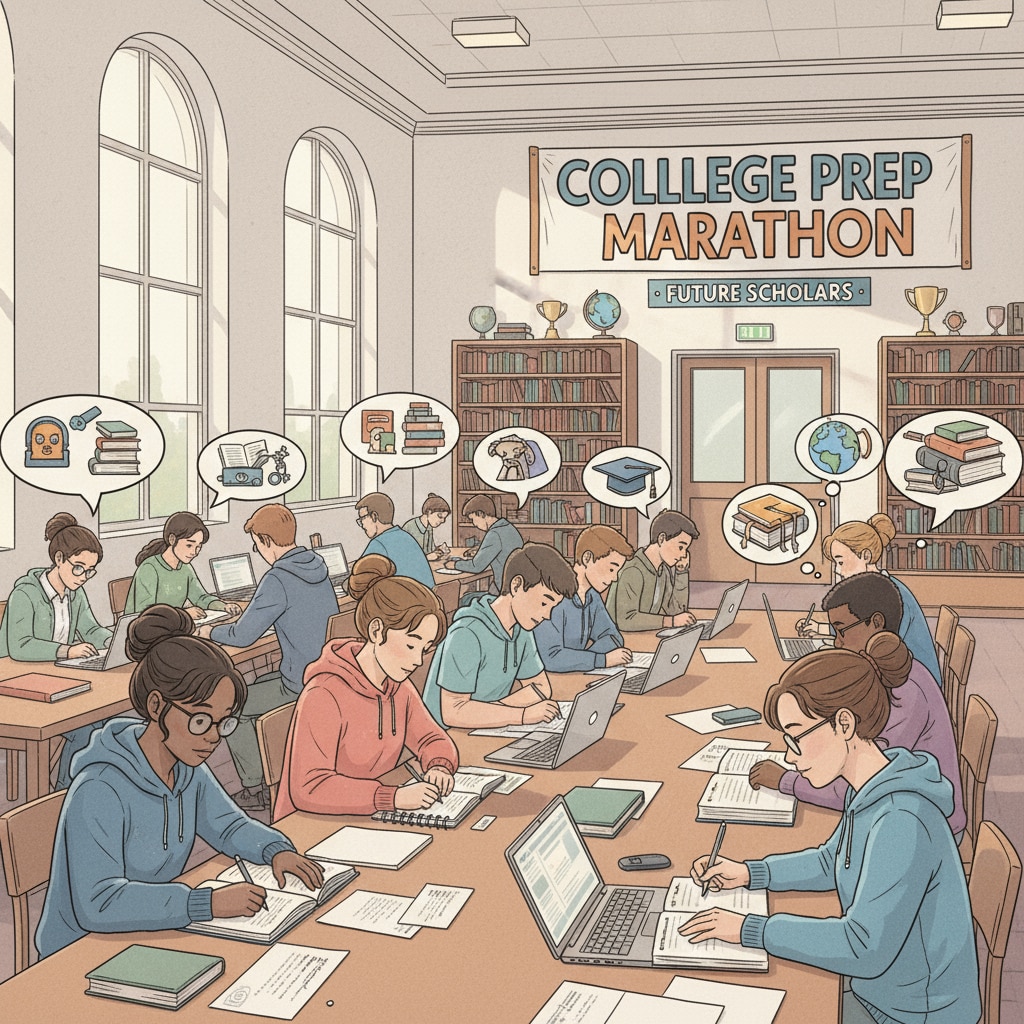 High school students are studying in a library, concentrating on their books and notes, which indicates their efforts in preparing for college applications. High school students studying in a library related to academic rigor, college applications, and external exams