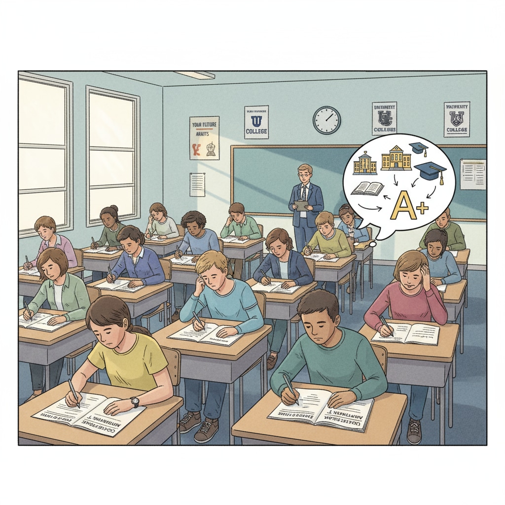Students are sitting at desks in a classroom, focused on answering questions on an external exam paper, emphasizing the significance of external exams for college applications. Students taking an external exam relevant to academic rigor, college applications, and external exams