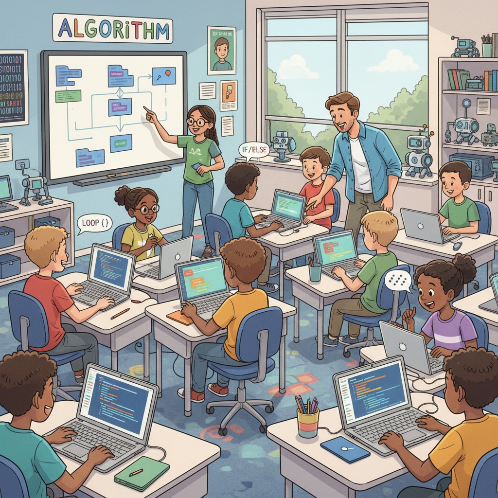 A classroom scene where students in K12 are learning programming with enthusiasm. Students are sitting at desks, focusing on their computers and discussing programming concepts. K12 students learning programming for software engineering future related to certificates and resumes
