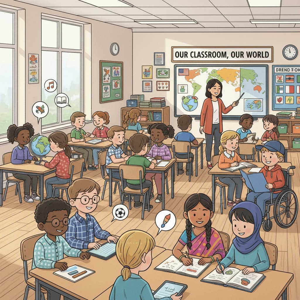 A classroom filled with students from various family backgrounds, representing the diverse nature of public schools. Students in a public school classroom, highlighting educational choices for siblings.